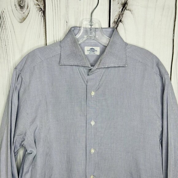 Castangia Shirt Men's 16 / 41 Blue White Micro Check Button Up Dress Italy - Picture 2 of 8